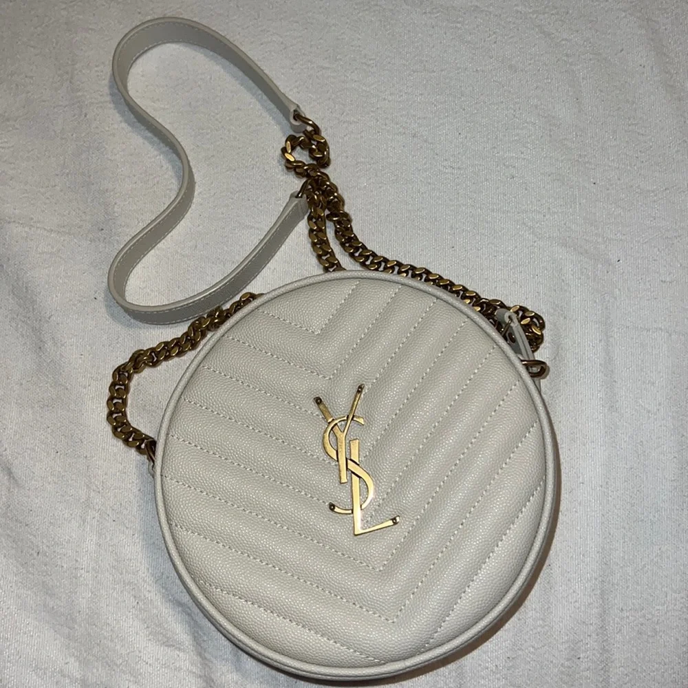 Yves Saint Laurent White Quilted Round Crossbody Bag with Gold Hardware